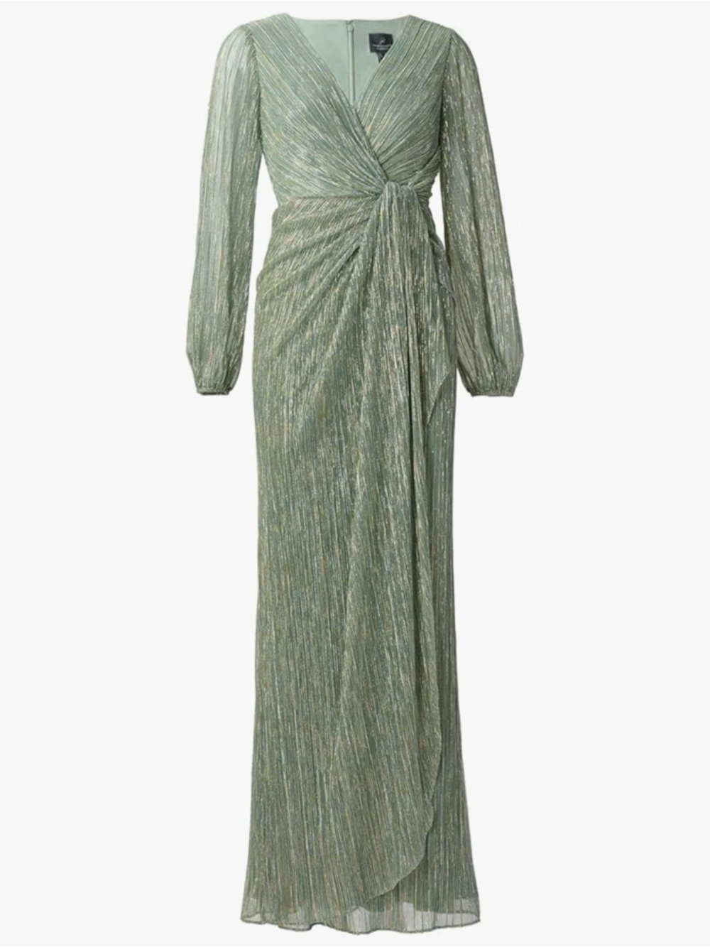 Adrianna Papell Metallic Sage Green Long-Sleeve Knot Front Gown - Picture 3 of 3